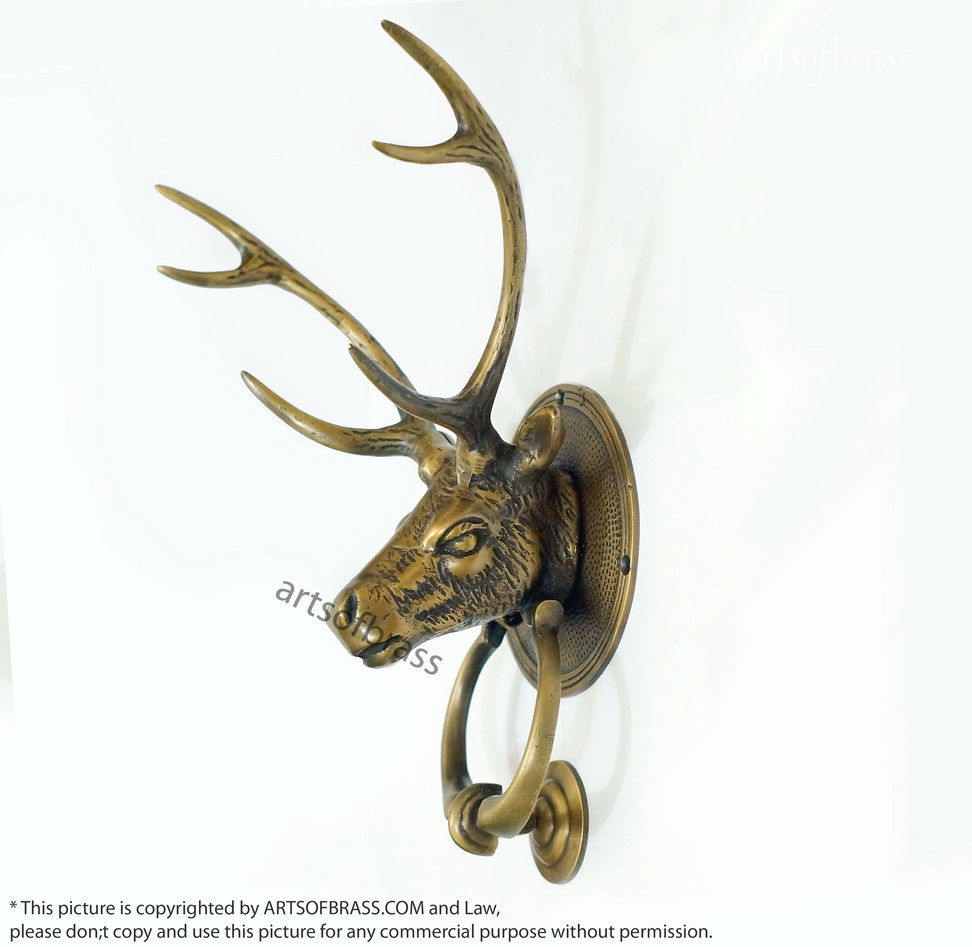 Solid Brass Deer Antler Door Knocker | Animal Head Front Door Decor - 11" 3 solid brass deer antler door knocker vintage animal head design