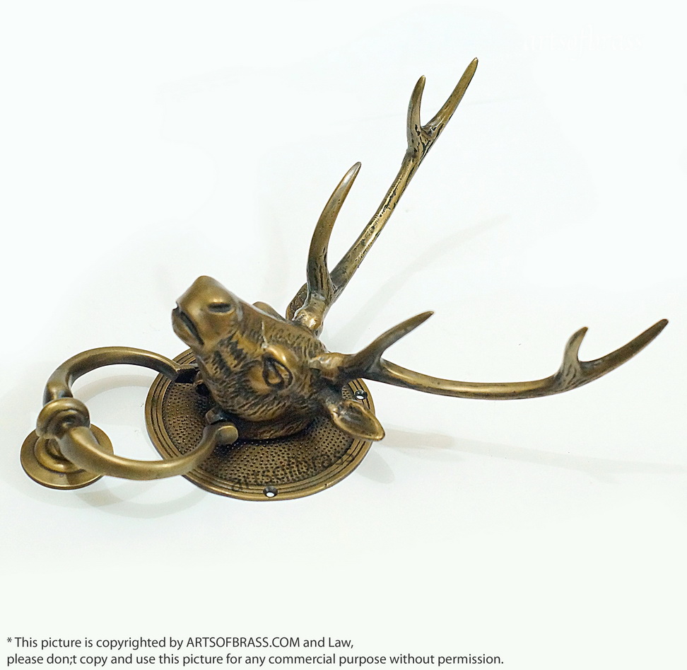 Solid Brass Deer Antler Door Knocker | Animal Head Front Door Decor - 11" 30 solid brass deer antler door knocker vintage design