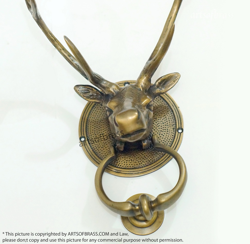 Solid Brass Deer Antler Door Knocker | Animal Head Front Door Decor - 11" 8 antler door knocker vintage wildlife decor