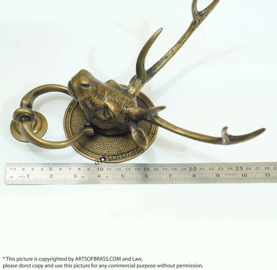 Solid Brass Deer Antler Door Knocker | Animal Head Front Door Decor - 11" 12 brass animal door knocker rustic cabin style