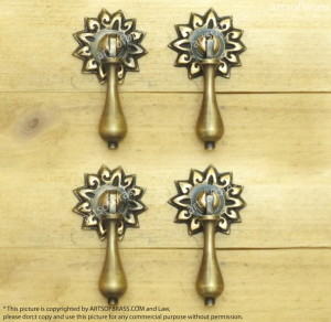 Vintage Brass Daisy Cudgel Drop Cabinet Handle Pulls - Set of 4