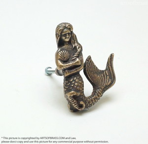 Vintage Mermaid Fantasy Shell Knob Brass Cabinet Pull