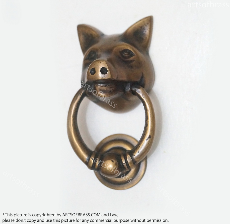 2.95" Inches Mini VINTAGE Solid Brass PIG Farm Head State Farm front Mini Door KNOCKER with Pull Knocker or Drawer pulls Handle Use 5 2.95" Inches Mini VINTAGE Solid Brass PIG Farm Head State Farm front Mini Door KNOCKER with Pull Knocker or Drawer pulls Handle Use - Image 3