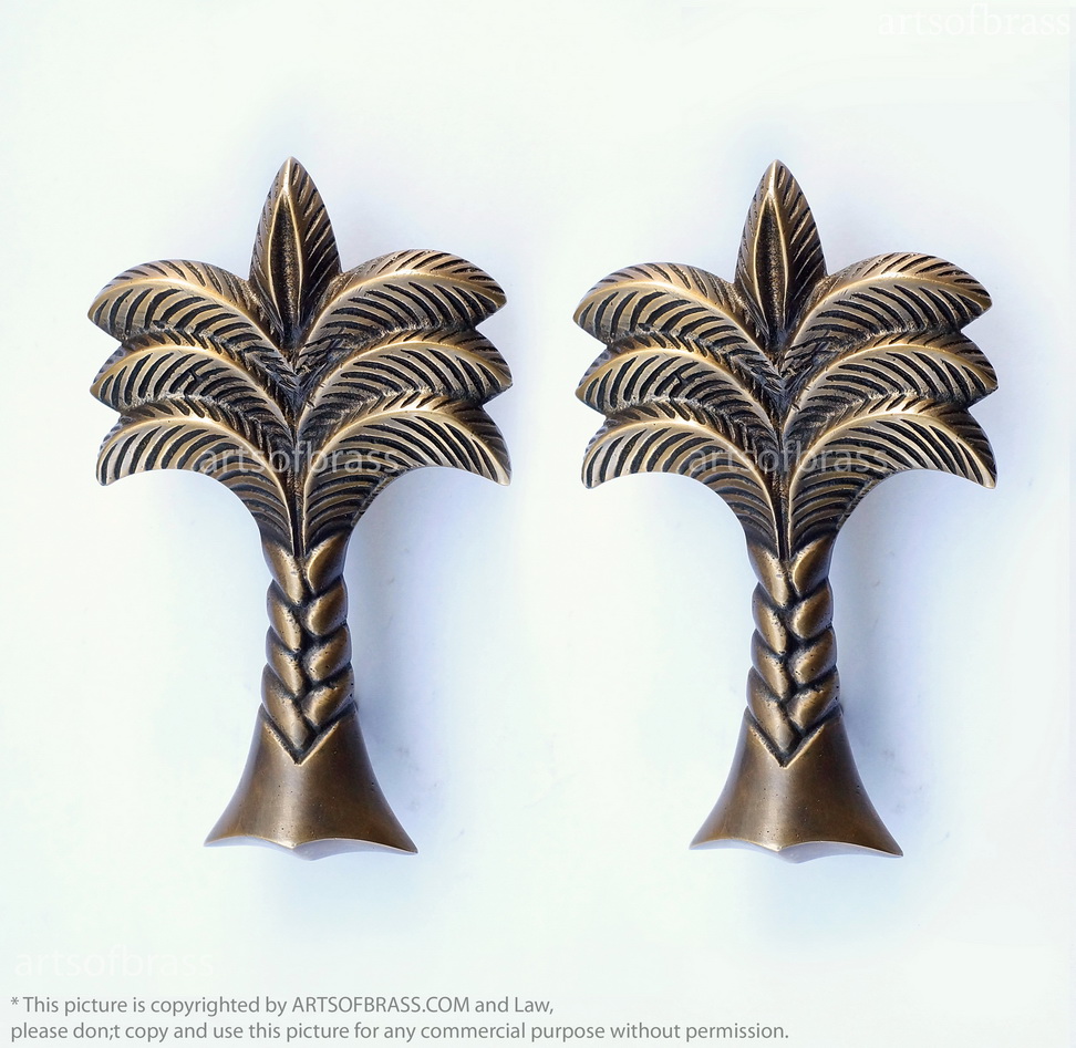 5.90" 2 pcs Vintage Big COCONUT PALM TREE Cabinet Brass Handle Knob Pulls 3 5.90" 2 pcs Vintage Big COCONUT PALM TREE Cabinet Brass Handle Knob Pulls