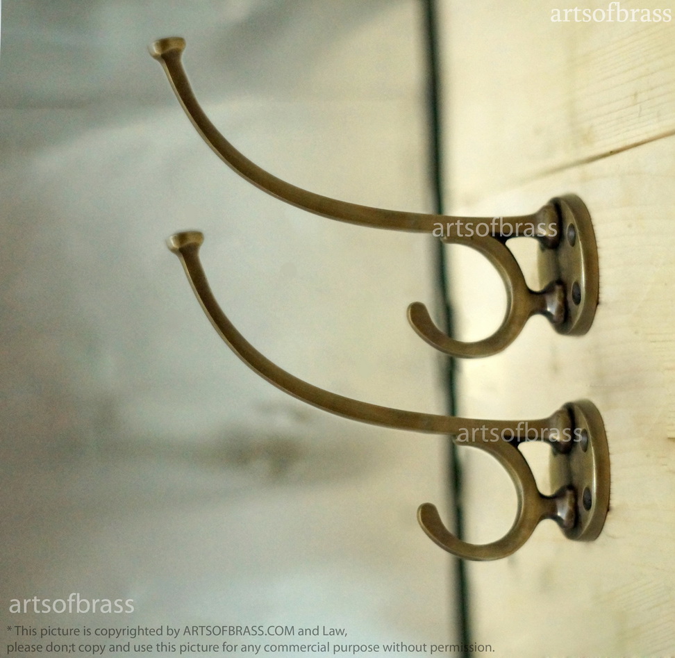 5.70" 2 pcs Vintage Round Brass HOOKS Strong Solid Brass Wall Mount Hooks 3 5.70" 2 pcs Vintage Round Brass HOOKS Strong Solid Brass Wall Mount Hooks