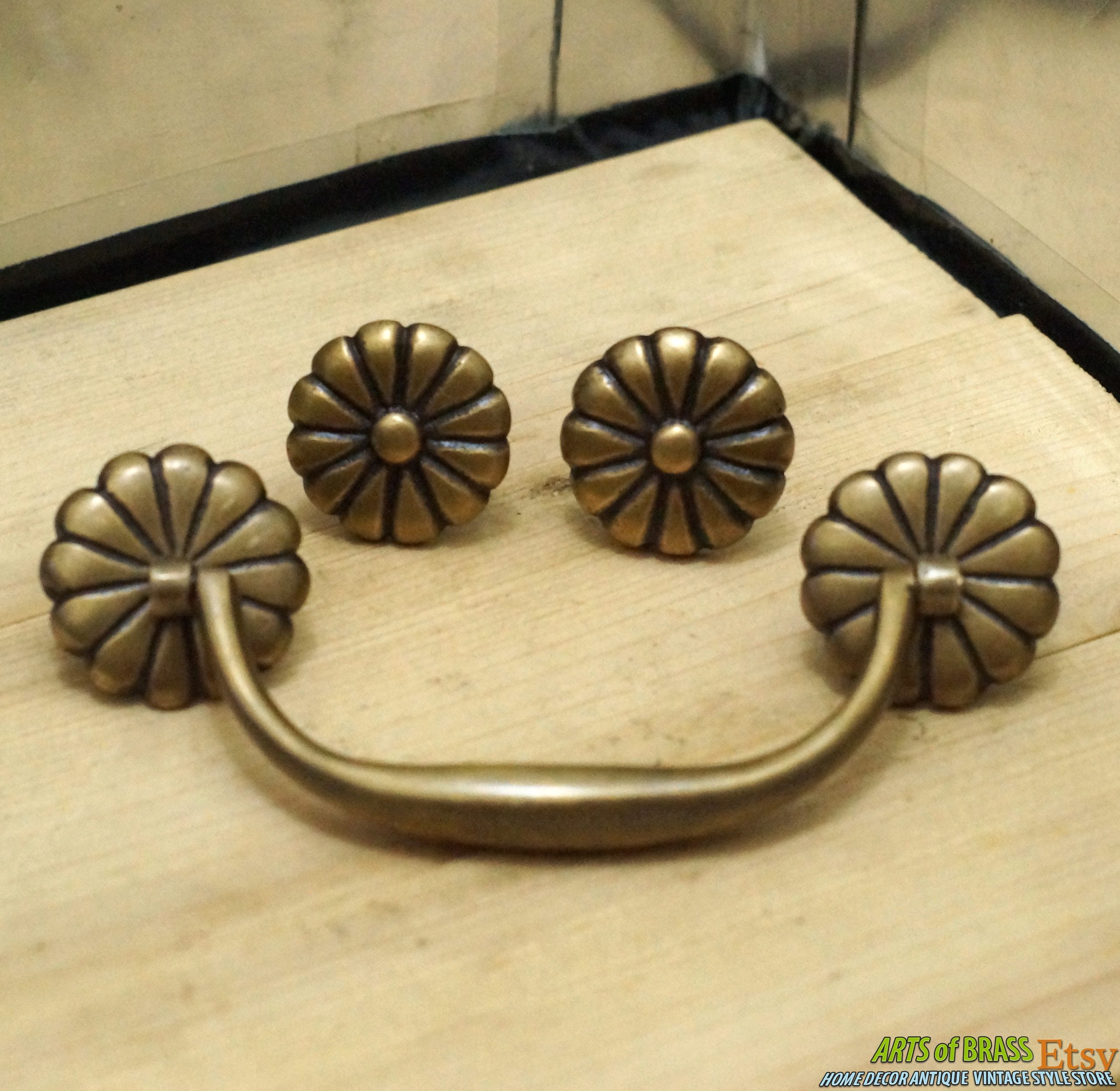 Elegant Brass Cabinet Knob and Bail Handle Set – Classic Rosette Drawer Pull - 5.51" in 3 solid brass drawer pull set floral rosette cabinet hardware