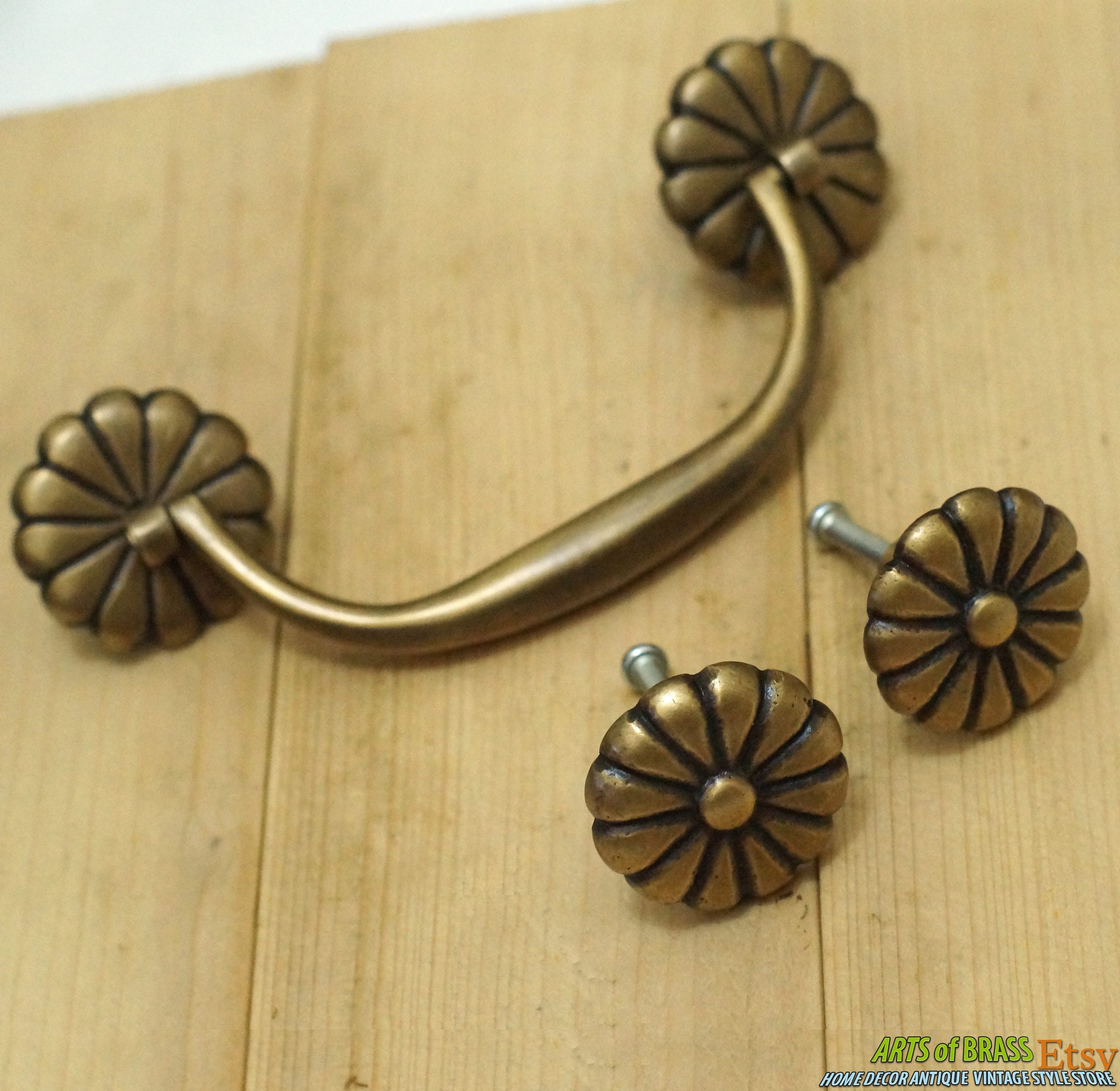 Elegant Brass Cabinet Knob and Bail Handle Set – Classic Rosette Drawer Pull - 5.51" in 24 brass cabinet knob and bail handle set vintage rosette drawer pull solid brass