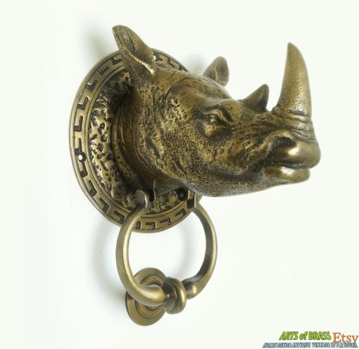 7.87" Solid Brass Vintage RHINO African Animal Head Door Knocker