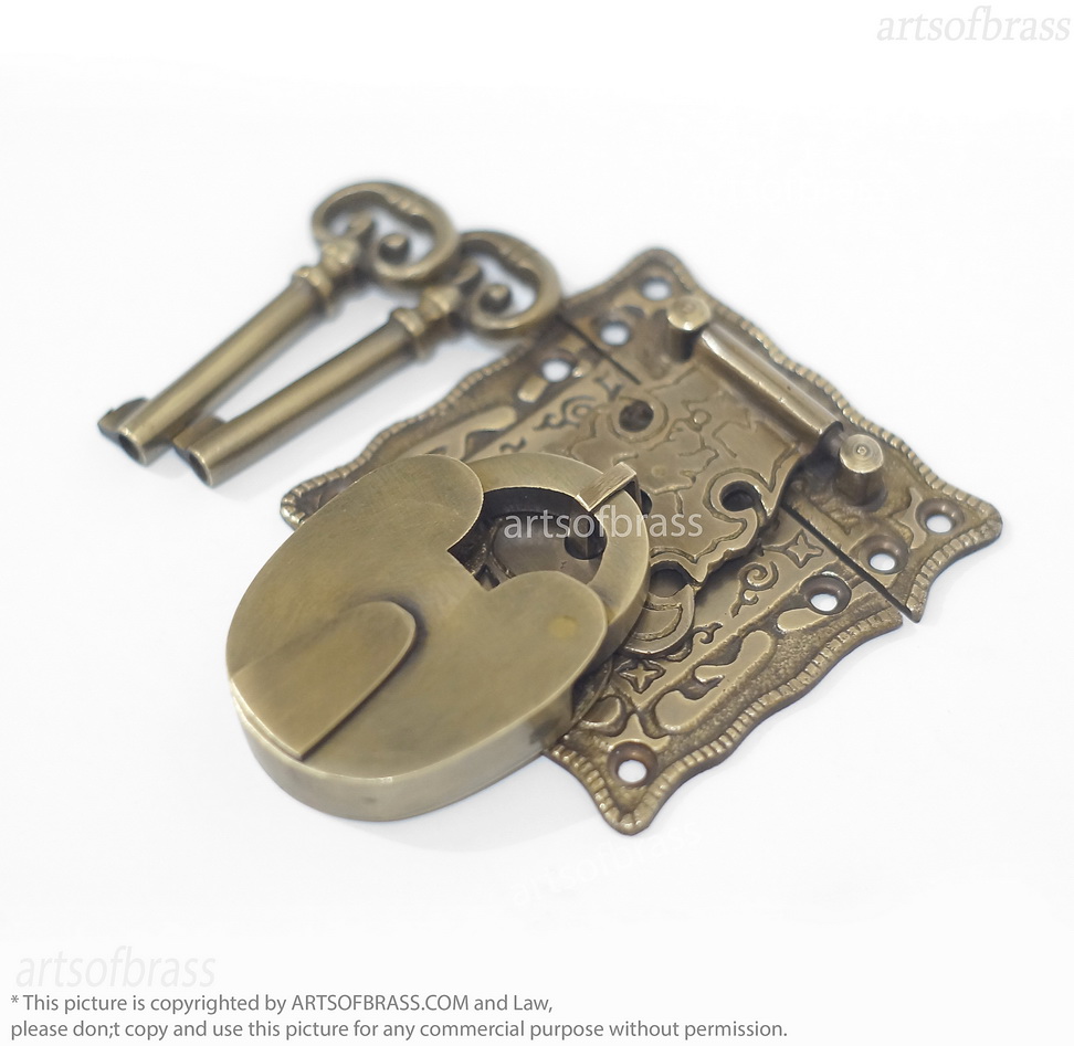 Brass Padlock and Latch Set – Solid Brass Engraved Cabinet Box Lock 3 antique brass padlock with engraved latch for box