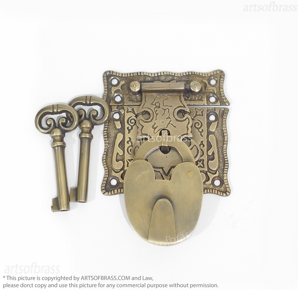 Brass Padlock and Latch Set – Solid Brass Engraved Cabinet Box Lock 7 brass latch and padlock set decorative engraved design