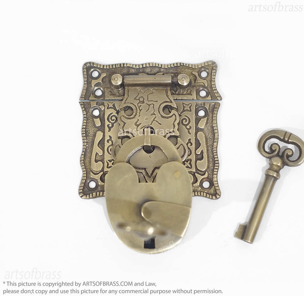 Brass Padlock and Latch Set – Solid Brass Engraved Cabinet Box Lock 12 brass box lock and latch set vintage hardware
