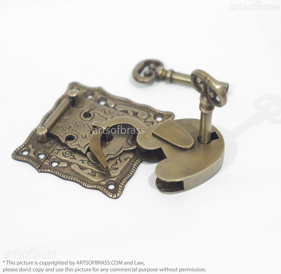 Brass Padlock and Latch Set – Solid Brass Engraved Cabinet Box Lock 8 engraved brass latch with padlock classic design