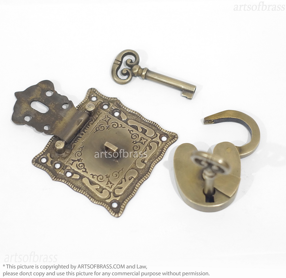 Brass Padlock and Latch Set – Solid Brass Engraved Cabinet Box Lock 11 decorative brass padlock and latch set furniture hardware